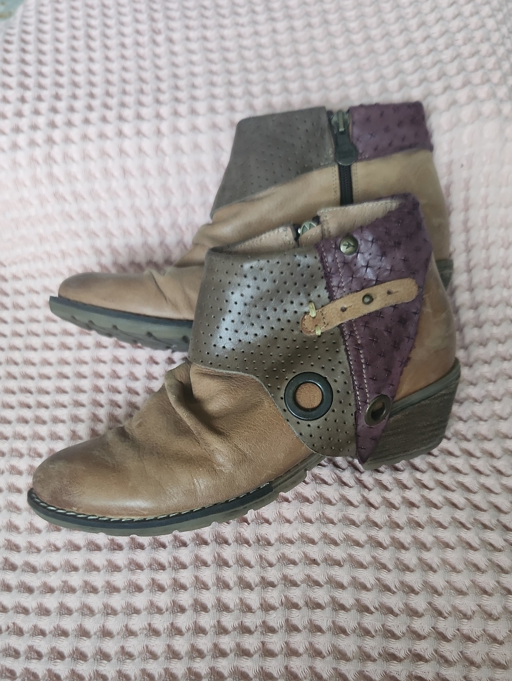 Wandapanda Women's Brown & Purple Leather Ankle Boots Cottagecore Festival